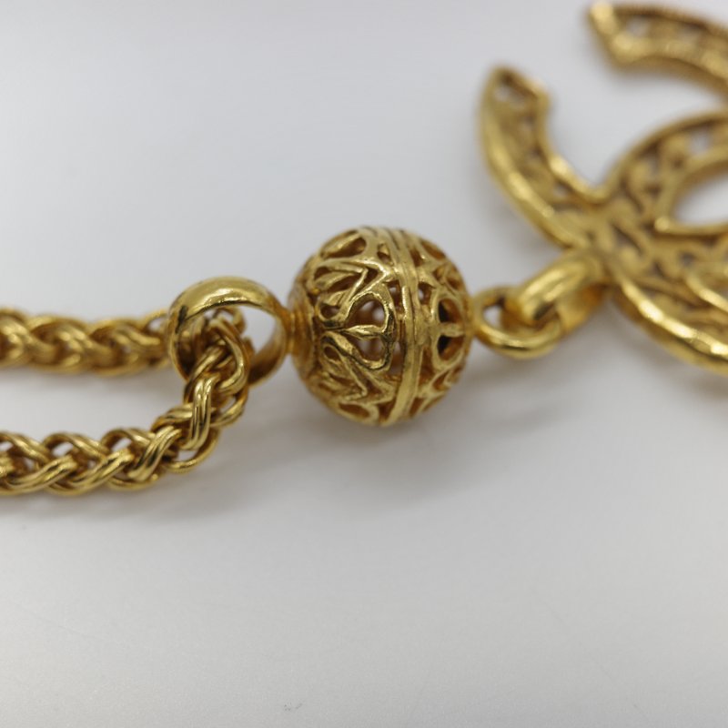 Chanel 香奈兒 Vintage 1995 經典 黃銅金屬 鍍金 波浪形空心圓球雙 C 吊墜長項鍊-3