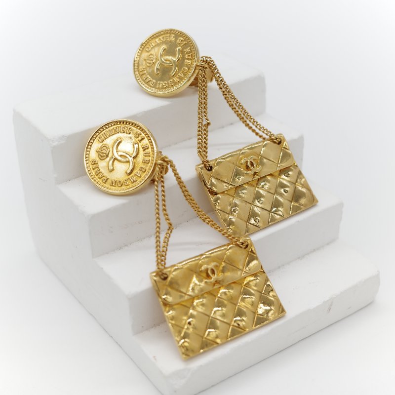 Chanel 香奈兒 Vintage 經典黃銅鍍金 菱格紋圖騰 COCO 字母標誌圓形耳環-2