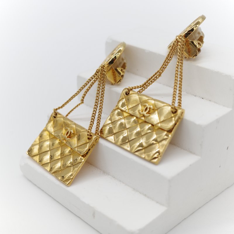 Chanel 香奈兒 Vintage 經典黃銅鍍金 菱格紋圖騰 COCO 字母標誌圓形耳環-3