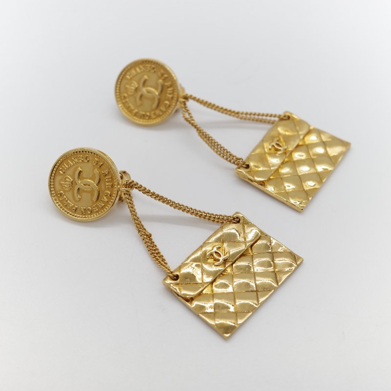 Chanel 香奈兒 Vintage 經典黃銅鍍金 菱格紋圖騰 COCO 字母標誌圓形耳環-6