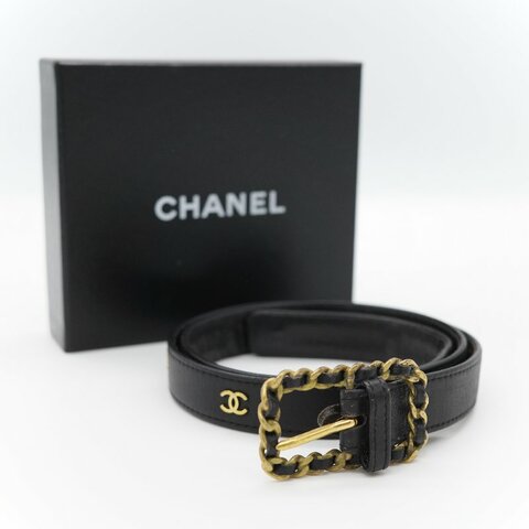 Chanel 香奈兒 Vintage經典黑色 平滑小牛皮 拼接金屬鏈條扣飾 皮革皮帶