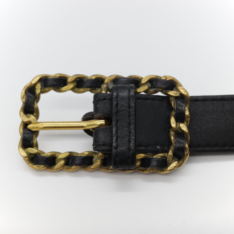 Chanel 香奈兒 Vintage經典黑色 平滑小牛皮 拼接金屬鏈條扣飾 皮革皮帶-4