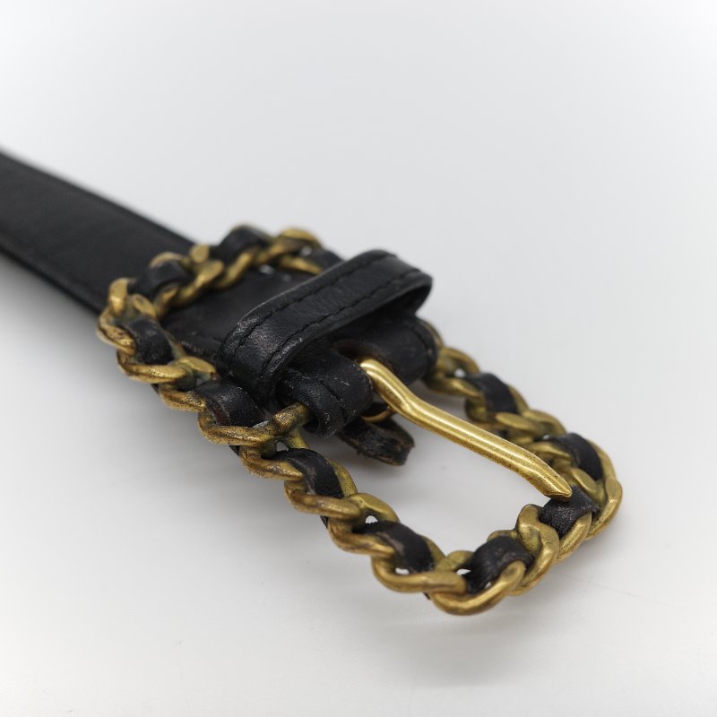Chanel 香奈兒 Vintage經典黑色 平滑小牛皮 拼接金屬鏈條扣飾 皮革皮帶-6