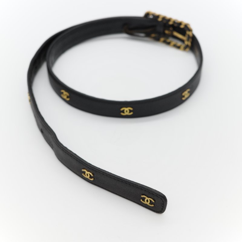 Chanel 香奈兒 Vintage經典黑色 平滑小牛皮 拼接金屬鏈條扣飾 皮革皮帶-12
