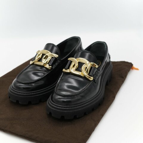 Tod’s 托德斯 Kate 經典黑色 拋光小牛皮 金屬鏈條扣飾 增高厚底樂福鞋