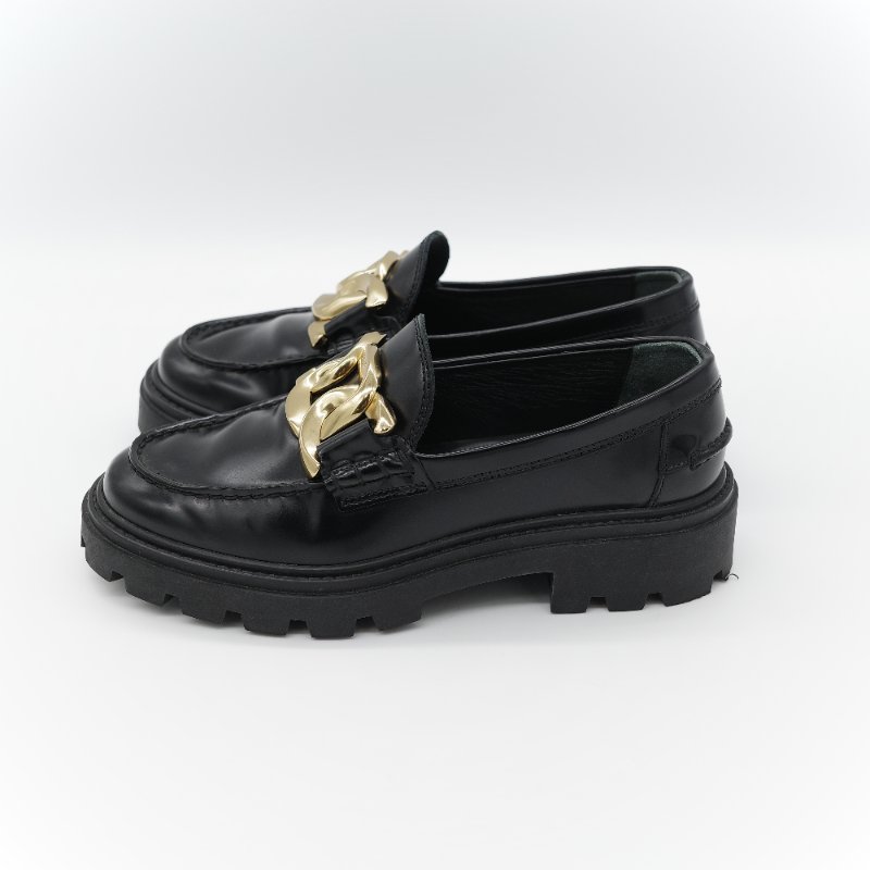 Tod’s 托德斯 Kate 經典黑色 拋光小牛皮 金屬鏈條扣飾 增高厚底樂福鞋-3