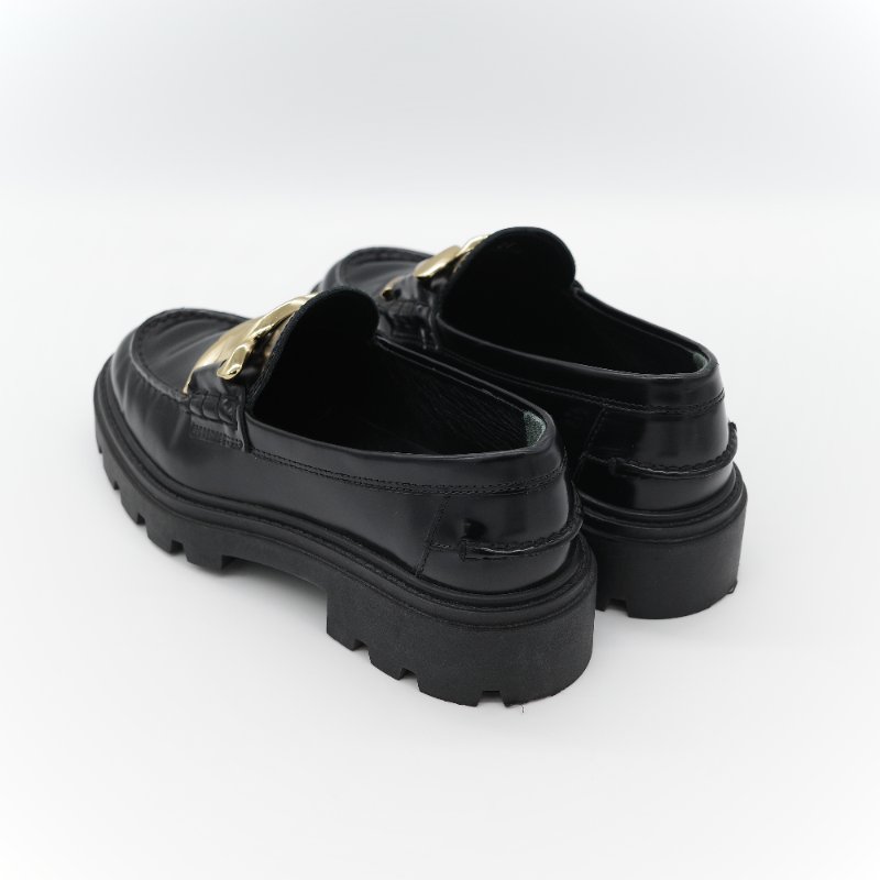 Tod’s 托德斯 Kate 經典黑色 拋光小牛皮 金屬鏈條扣飾 增高厚底樂福鞋-4