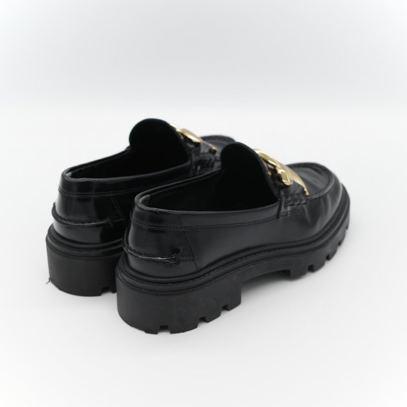Tod’s 托德斯 Kate 經典黑色 拋光小牛皮 金屬鏈條扣飾 增高厚底樂福鞋-6
