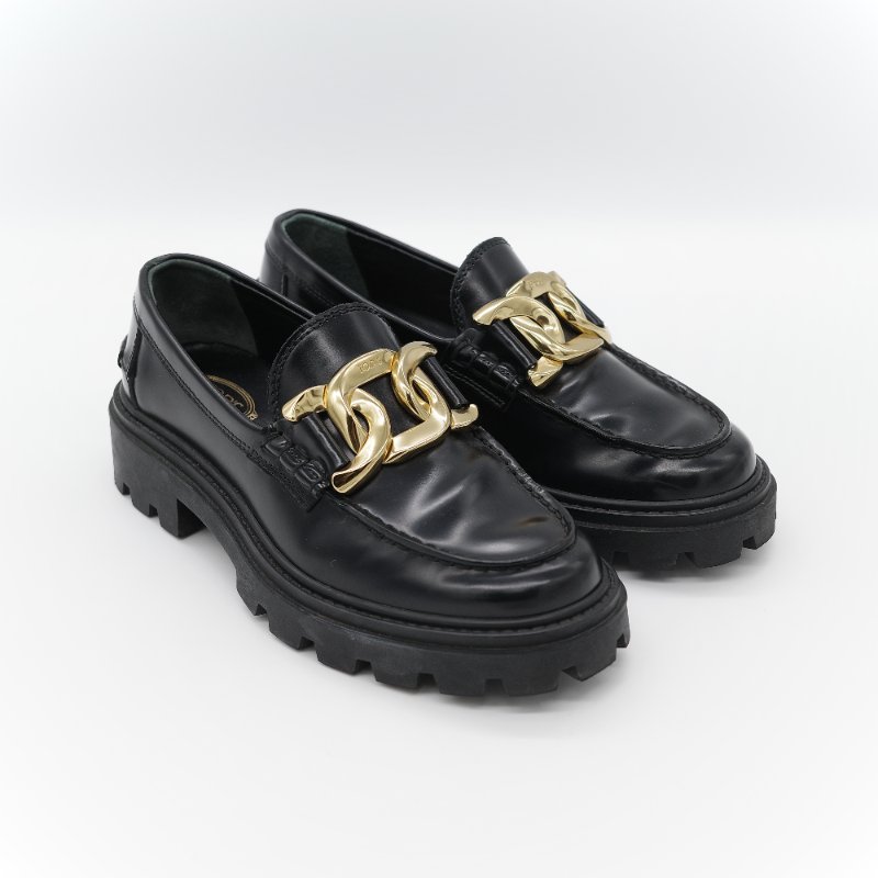 Tod’s 托德斯 Kate 經典黑色 拋光小牛皮 金屬鏈條扣飾 增高厚底樂福鞋-7
