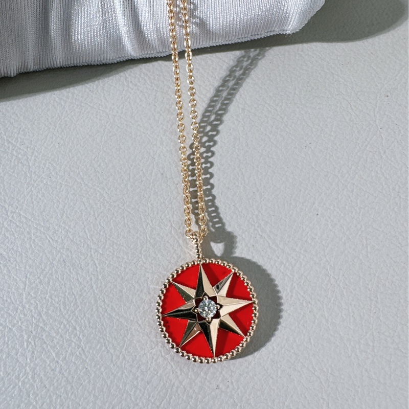 Dior迪奧 紅色八芒星鑽18K金 羅盤玫瑰大號項鍊 /毛衣鏈-4
