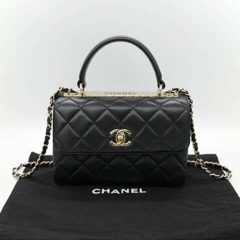 Chanel 香奈兒 Trendy CC 手把經典黑色 菱格紋絎縫 小羊皮 翻蓋式兩用包 肩背包 斜背包手提包