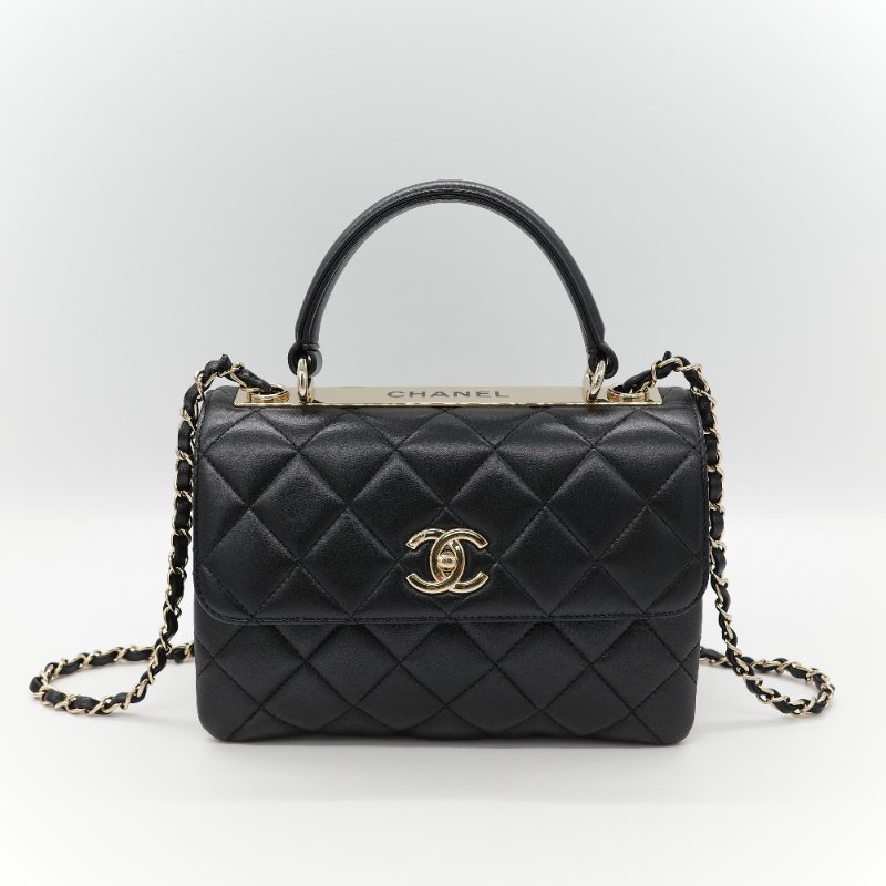 Chanel 香奈兒 Trendy CC 手把經典黑色 菱格紋絎縫 小羊皮 翻蓋式兩用包 肩背包 斜背包手提包-1