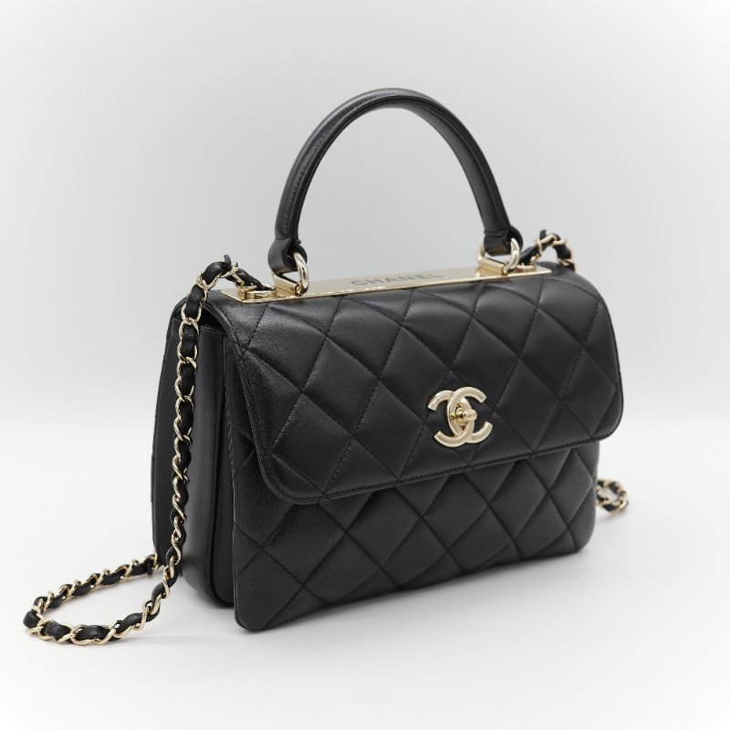 Chanel 香奈兒 Trendy CC 手把經典黑色 菱格紋絎縫 小羊皮 翻蓋式兩用包 肩背包 斜背包手提包-2