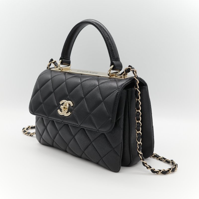 Chanel 香奈兒 Trendy CC 手把經典黑色 菱格紋絎縫 小羊皮 翻蓋式兩用包 肩背包 斜背包手提包-3