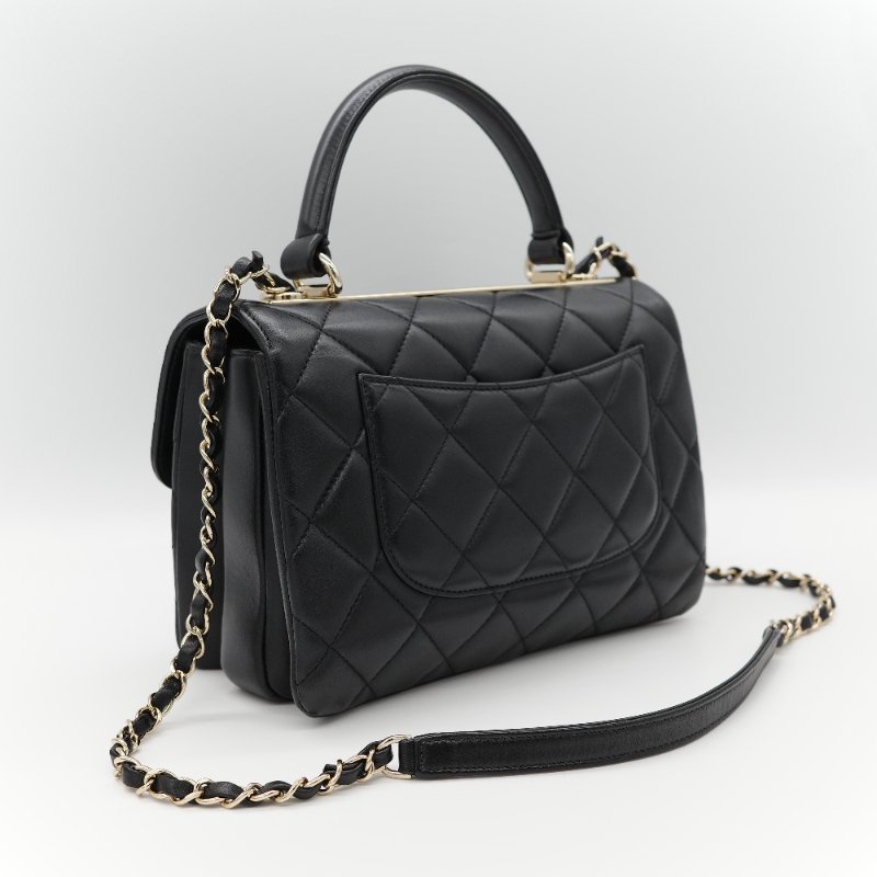 Chanel 香奈兒 Trendy CC 手把經典黑色 菱格紋絎縫 小羊皮 翻蓋式兩用包 肩背包 斜背包手提包-5