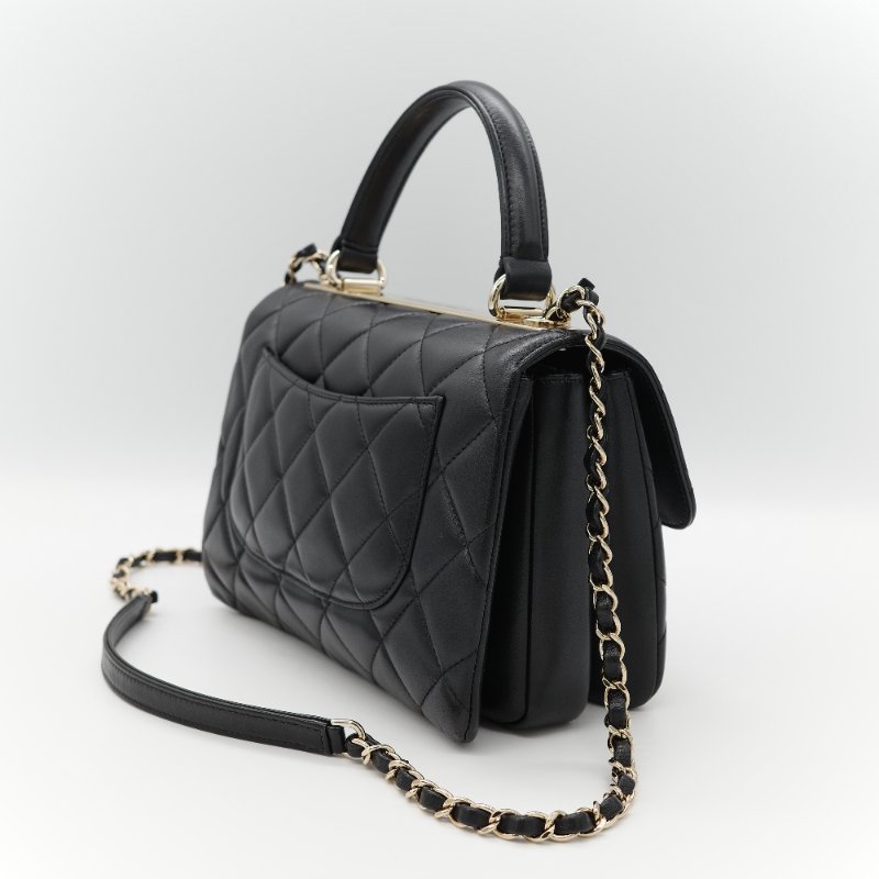 Chanel 香奈兒 Trendy CC 手把經典黑色 菱格紋絎縫 小羊皮 翻蓋式兩用包 肩背包 斜背包手提包-6