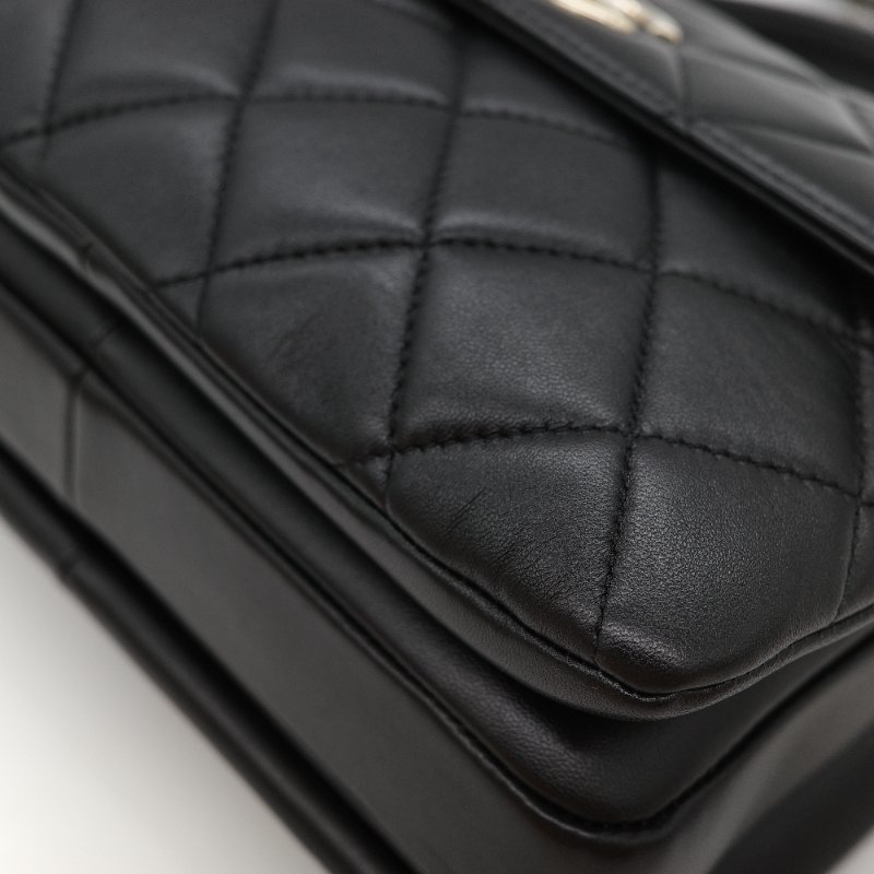 Chanel 香奈兒 Trendy CC 手把經典黑色 菱格紋絎縫 小羊皮 翻蓋式兩用包 肩背包 斜背包手提包-11