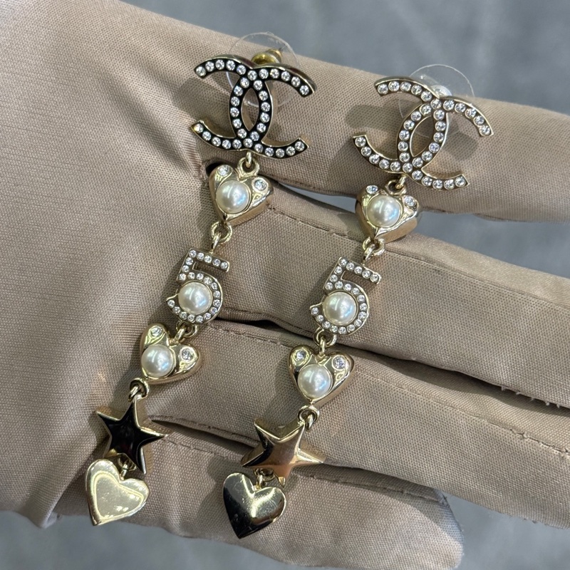 99新Chanel香奈兒雙C水鑽愛心5號珍珠吊墜耳環-0