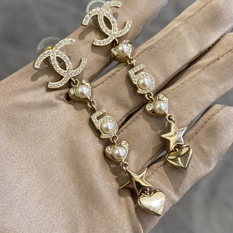 99新Chanel香奈兒雙C水鑽愛心5號珍珠吊墜耳環-2