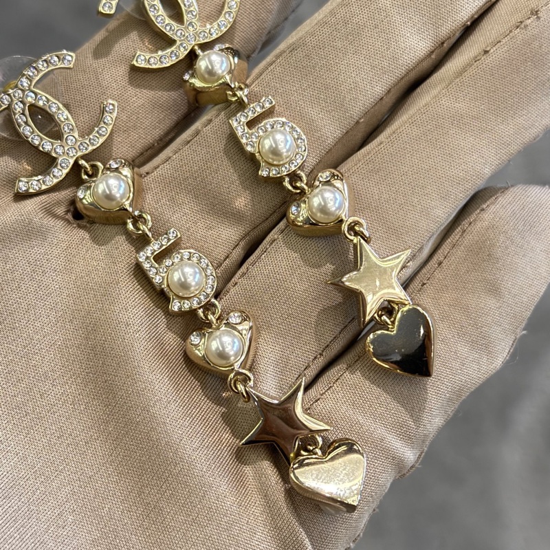 99新Chanel香奈兒雙C水鑽愛心5號珍珠吊墜耳環-4