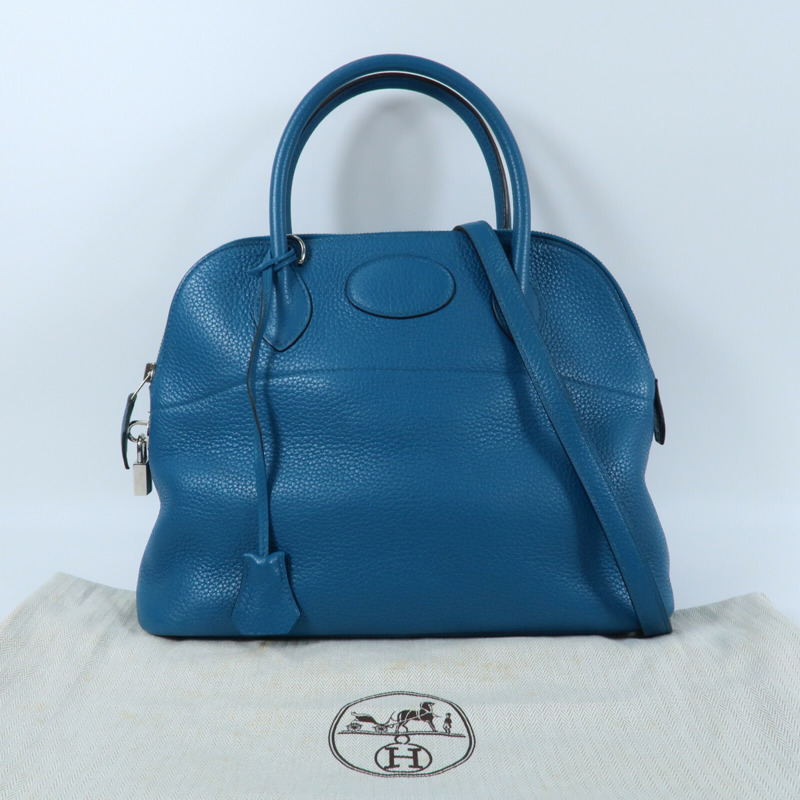 HERMES 【Hermes Fair】Clemence皮革Bolide 31銀扣手挽袋Bleu Izmir-17