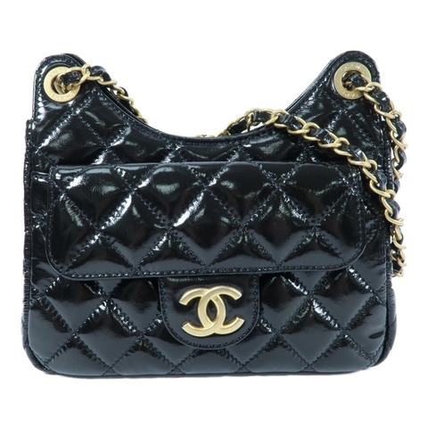 CHANEL 漆皮皮革Wavy CC Hobo金扣鏈帶肩背袋