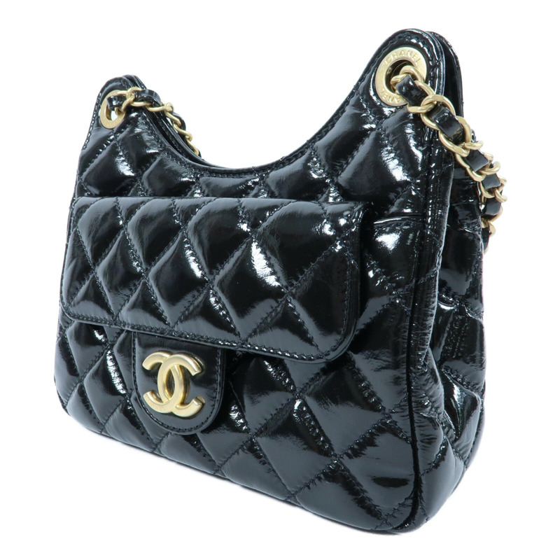 CHANEL 漆皮皮革Wavy CC Hobo金扣鏈帶肩背袋-2