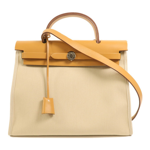 HERMES 【Hermes Fair】帆布Herbag PM銀扣手挽肩背兩用袋Beton