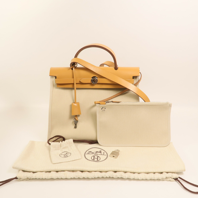 HERMES 【Hermes Fair】帆布Herbag PM銀扣手挽肩背兩用袋Beton-9