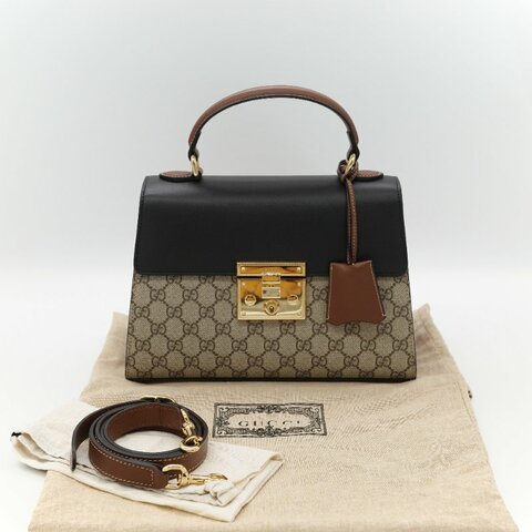 Gucci 古馳 Padlock 經典棕色 GG Supreme帆布 黑白雙色小牛皮 金屬鎖扣 頂部手提斜背兩用包