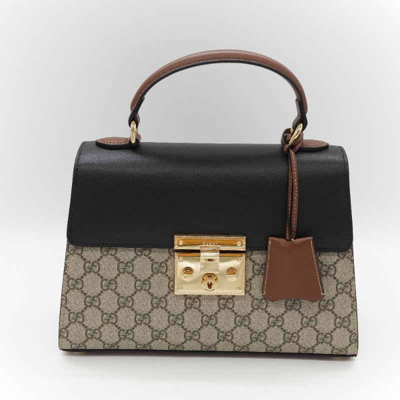 Gucci 古馳 Padlock 經典棕色 GG Supreme帆布 黑白雙色小牛皮 金屬鎖扣 頂部手提斜背兩用包-1