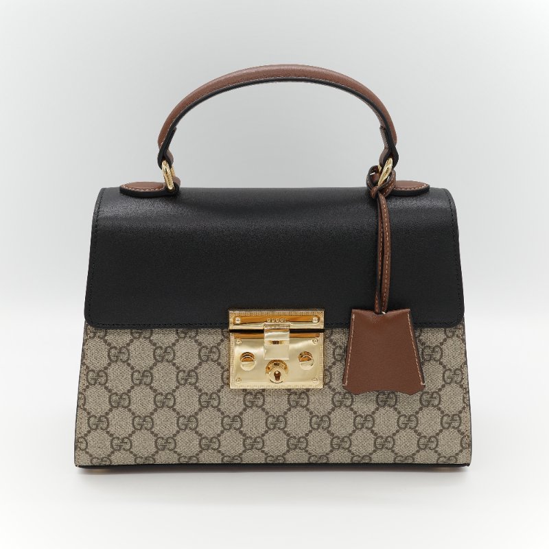 Gucci 古馳 Padlock 經典棕色 GG Supreme帆布 黑白雙色小牛皮 金屬鎖扣 頂部手提斜背兩用包-2