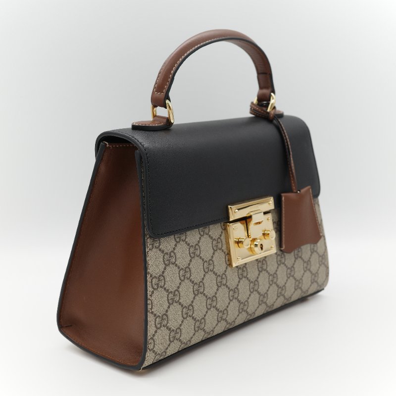 Gucci 古馳 Padlock 經典棕色 GG Supreme帆布 黑白雙色小牛皮 金屬鎖扣 頂部手提斜背兩用包-3
