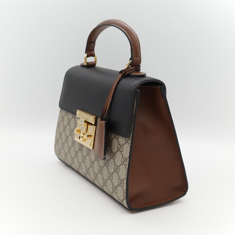 Gucci 古馳 Padlock 經典棕色 GG Supreme帆布 黑白雙色小牛皮 金屬鎖扣 頂部手提斜背兩用包-4
