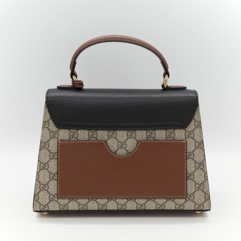 Gucci 古馳 Padlock 經典棕色 GG Supreme帆布 黑白雙色小牛皮 金屬鎖扣 頂部手提斜背兩用包-5