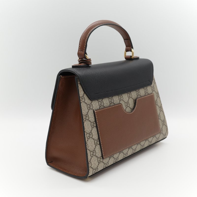 Gucci 古馳 Padlock 經典棕色 GG Supreme帆布 黑白雙色小牛皮 金屬鎖扣 頂部手提斜背兩用包-6