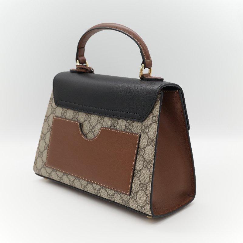 Gucci 古馳 Padlock 經典棕色 GG Supreme帆布 黑白雙色小牛皮 金屬鎖扣 頂部手提斜背兩用包-7
