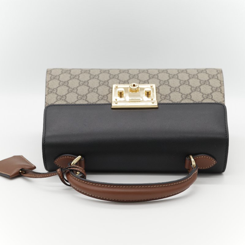 Gucci 古馳 Padlock 經典棕色 GG Supreme帆布 黑白雙色小牛皮 金屬鎖扣 頂部手提斜背兩用包-12