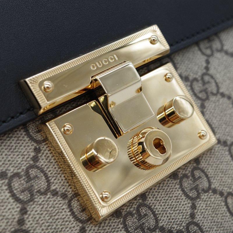 Gucci 古馳 Padlock 經典棕色 GG Supreme帆布 黑白雙色小牛皮 金屬鎖扣 頂部手提斜背兩用包-18