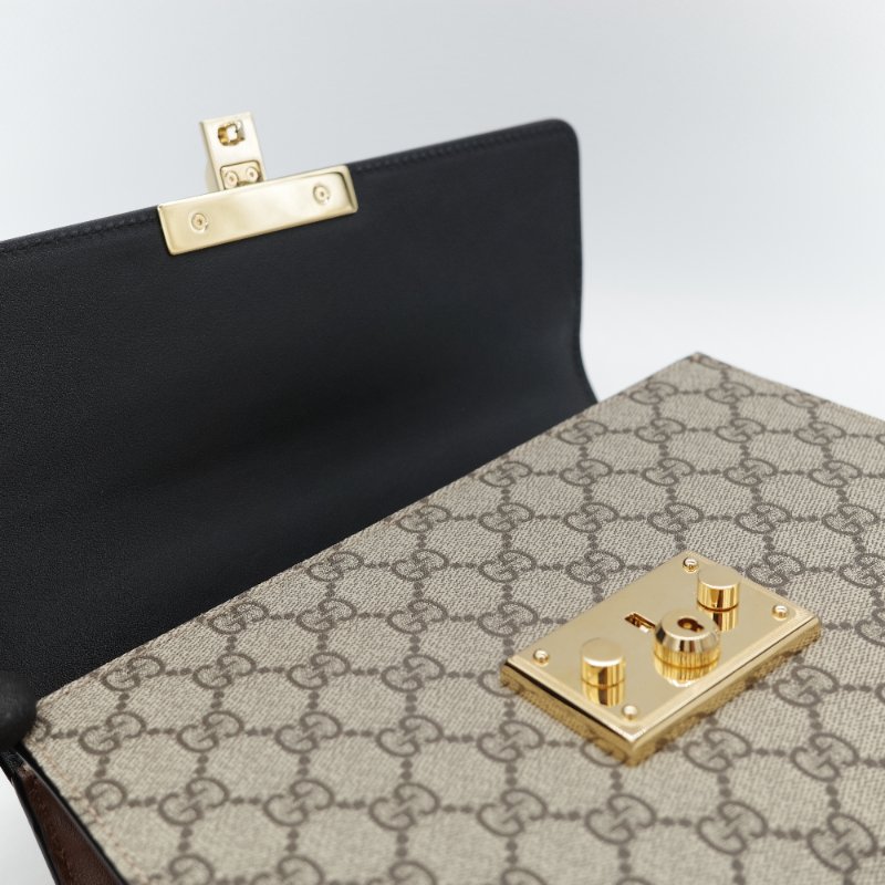 Gucci 古馳 Padlock 經典棕色 GG Supreme帆布 黑白雙色小牛皮 金屬鎖扣 頂部手提斜背兩用包-19