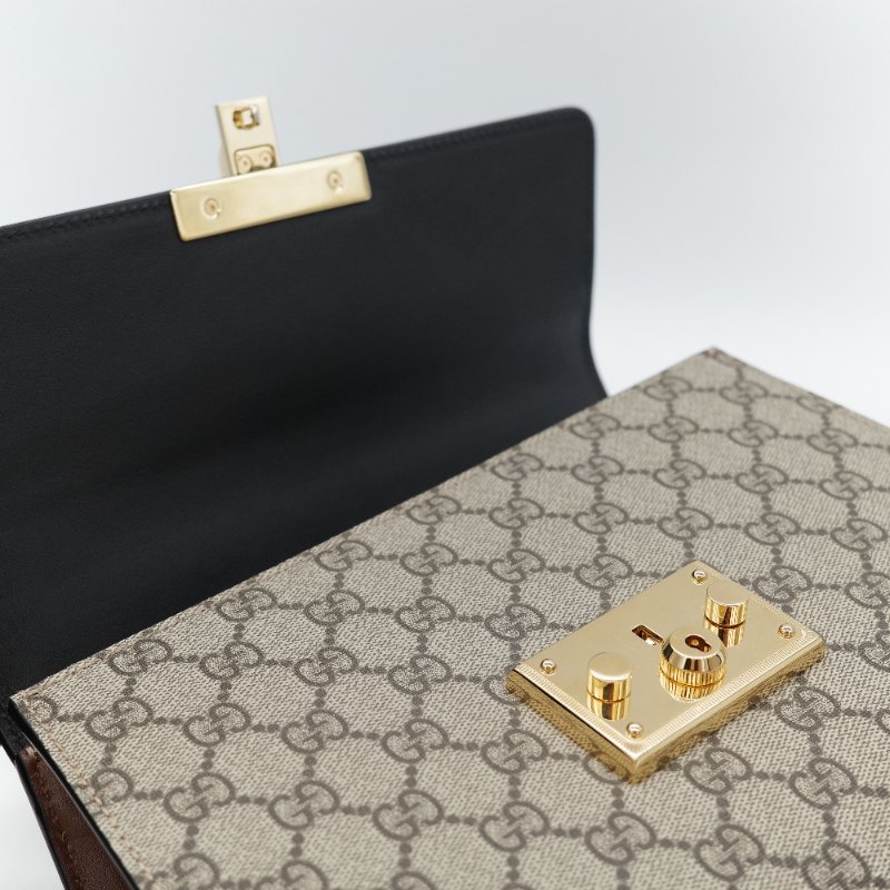 Gucci 古馳 Padlock 經典棕色 GG Supreme帆布 黑白雙色小牛皮 金屬鎖扣 頂部手提斜背兩用包-20