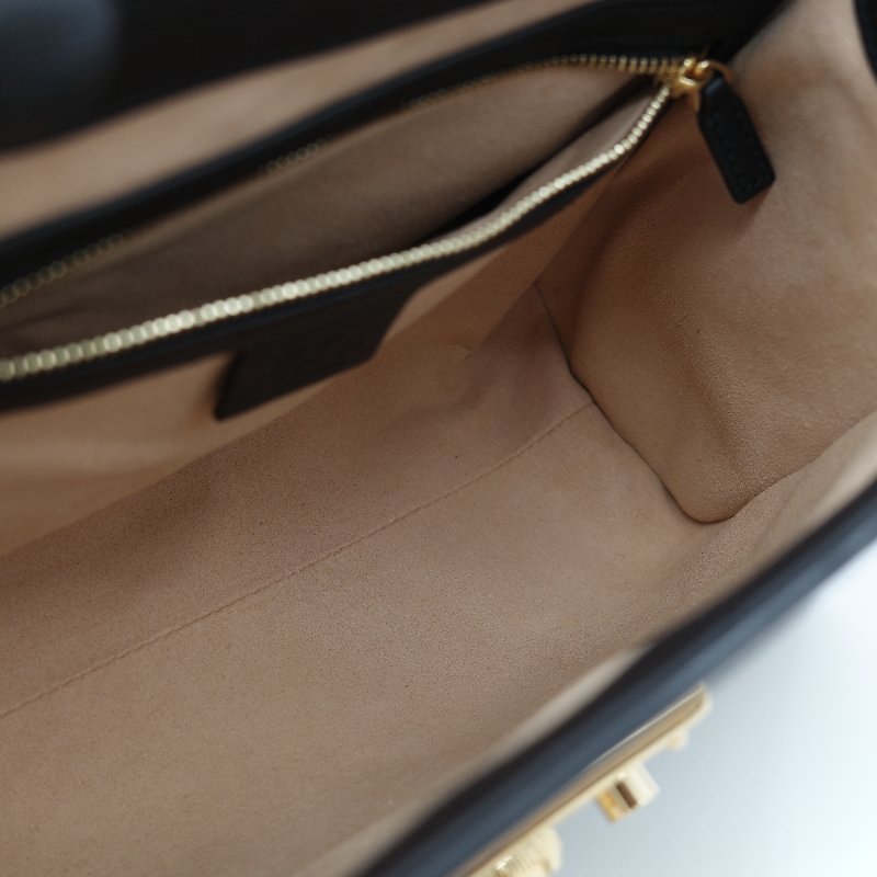 Gucci 古馳 Padlock 經典棕色 GG Supreme帆布 黑白雙色小牛皮 金屬鎖扣 頂部手提斜背兩用包-23