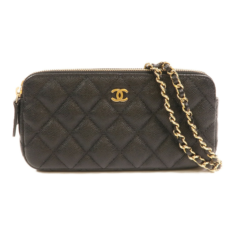 CHANEL 牛皮皮革Double Zip Clutch金扣鏈帶肩背袋-0
