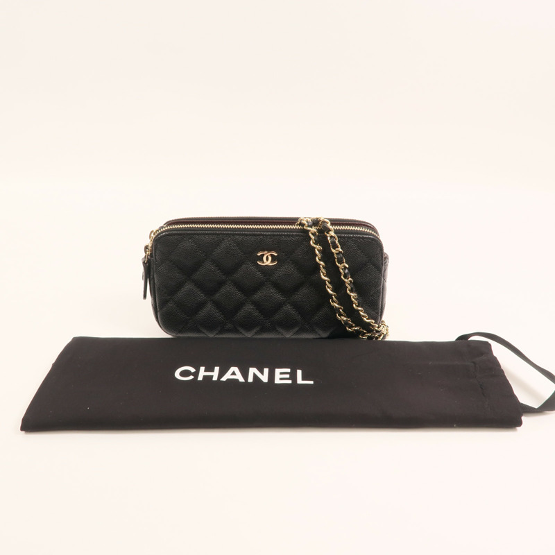 CHANEL 牛皮皮革Double Zip Clutch金扣鏈帶肩背袋-10