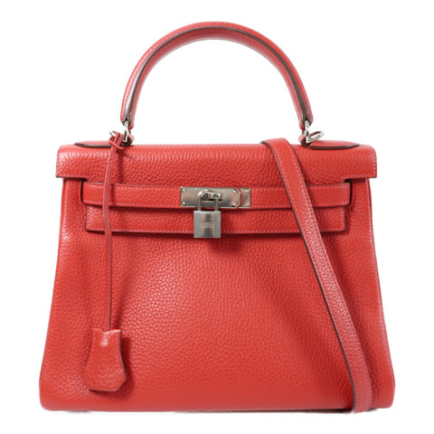 HERMES 【Hermes Fair】Togo皮革Kelly 28銀扣手挽肩背兩用袋Rouge Casaque