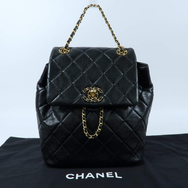 CHANEL 羊皮皮革Backpack金扣背包-15