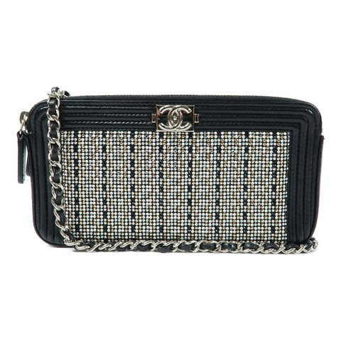 CHANEL 牛皮皮革Boy Double Zip Clutch Bag銀扣鏈帶肩背袋