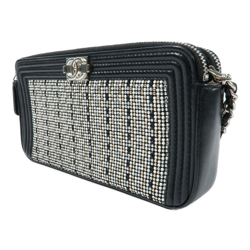 CHANEL 牛皮皮革Boy Double Zip Clutch Bag銀扣鏈帶肩背袋-2