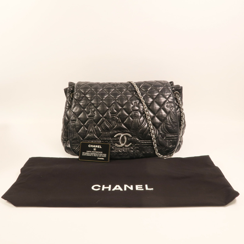 CHANEL 羊皮皮革Paris Moscou Flap Bag銀扣鏈帶肩背袋-10