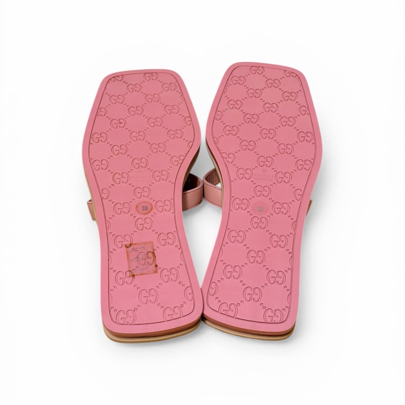 🍒 Gucci 經典粉色 GG 浮雕壓紋方頭涼拖鞋/莫蘭迪粉顯白方頭復古質感…閒置品 size:38/2F260330-1-10